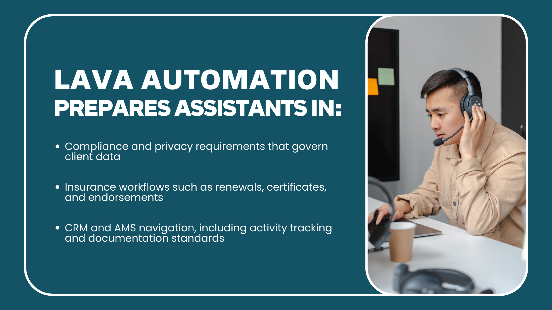 Infographic explaining how Lava prepares virtual assistants for insurance work