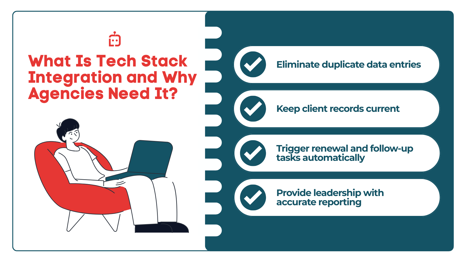 Infographic showing key benefits of tech stack integration for insurance agencies.