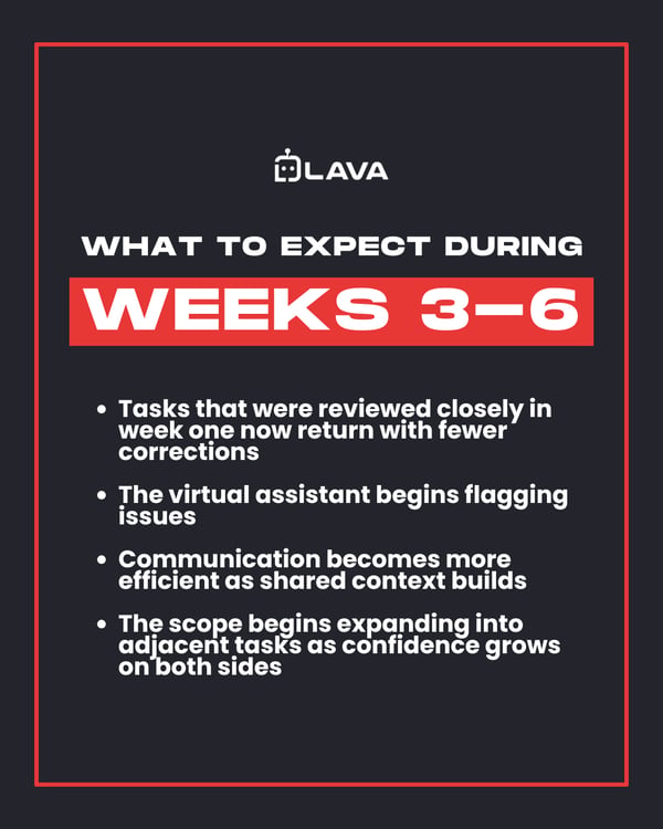 Infographic showing What Weeks Three Through Six Look Like for a Virtual Assistant for Small Business