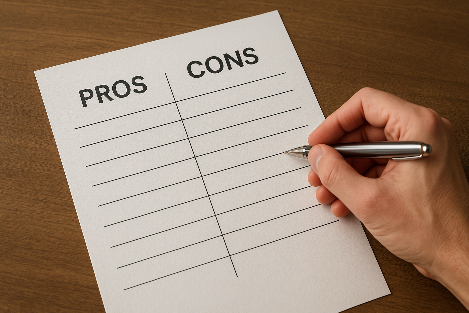 Person holding pen over a blank pros and cons list on wooden desk