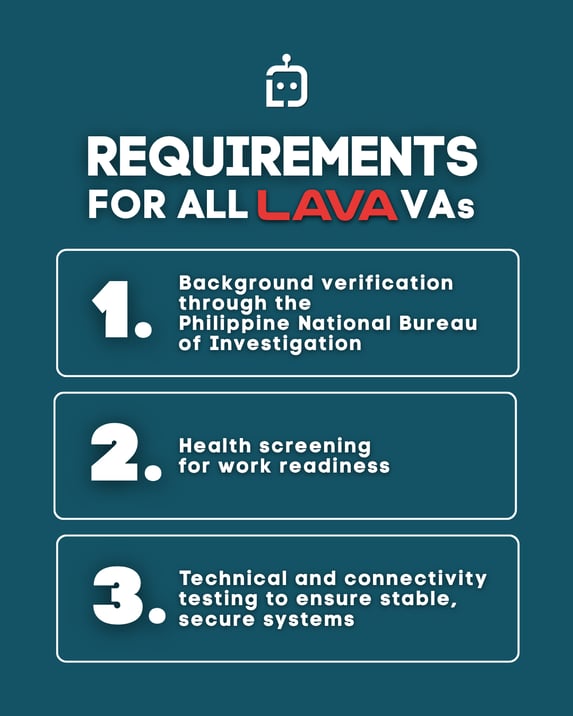Lava Automation VA requirements Check List: NBI check, health screening, and technical system testing.