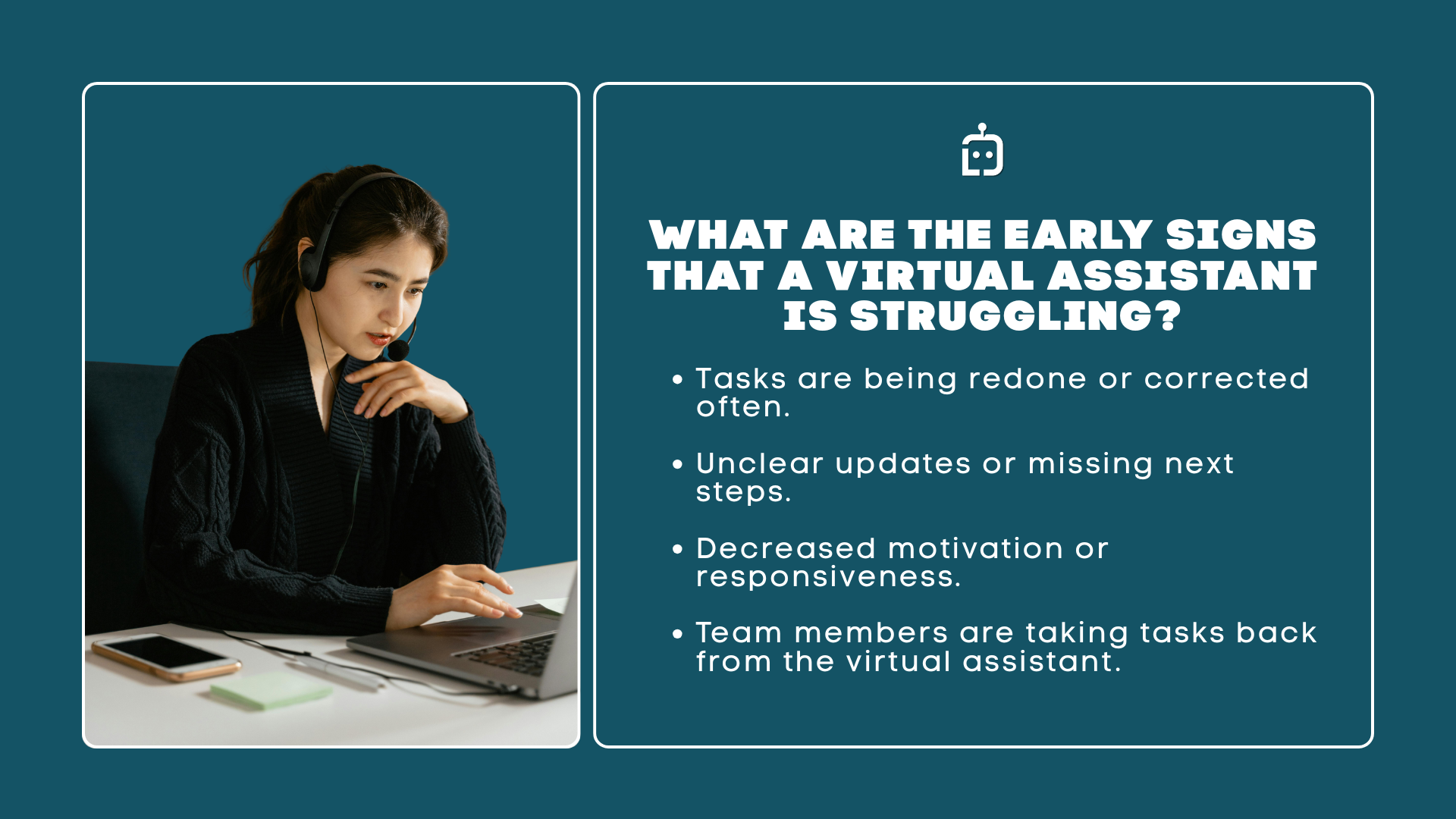 Checklist of early signs a virtual assistant is struggling: repeated errors, unclear updates, low motivation, and tasks taken back.