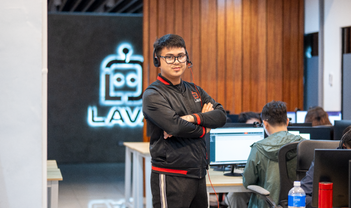 A lava automations virtual assistant standing in the middle of the office