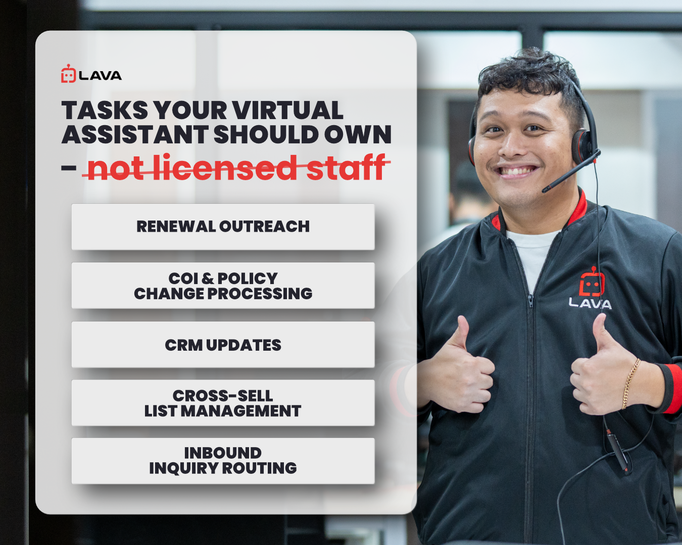 Infographic showing What a Virtual Assistant for Insurance Agents Handles That Licensed Staff Should Not