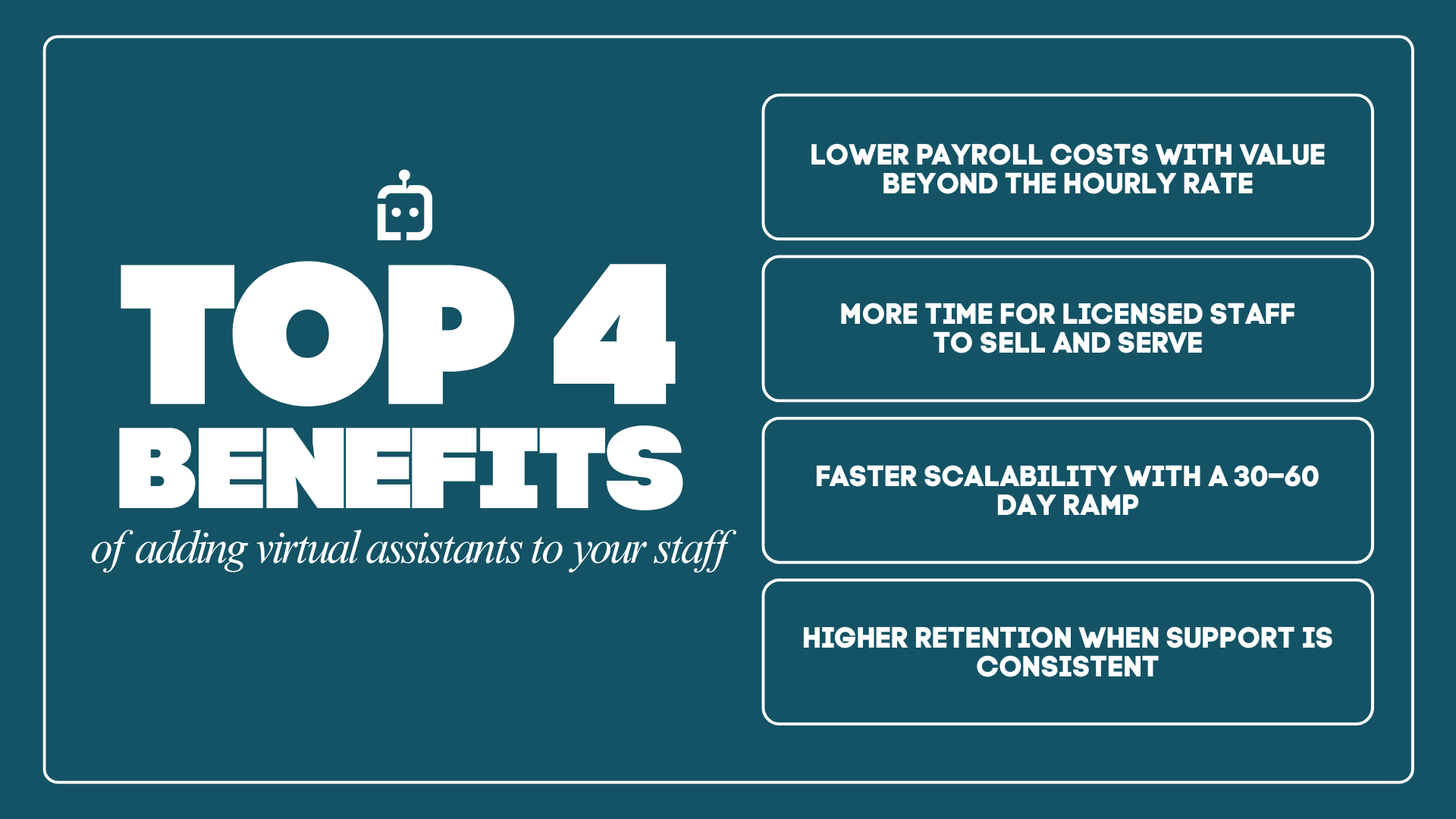 Lava Automation infographic showing the top 4 benefits of adding virtual assistants to insurance staff