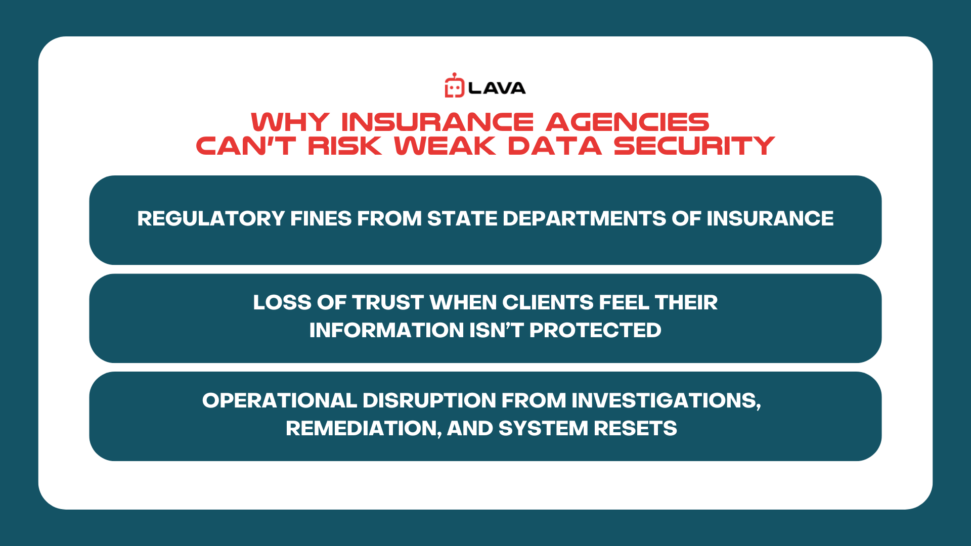 Lava Automation infographic explaining why insurance agencies can’t risk weak data security